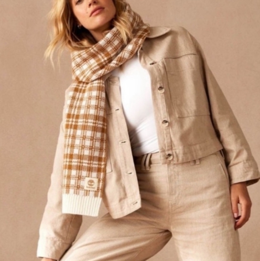 Timberland Wheat Mustard Yellow White Plaid Knit Acrylic Scarf Unisex